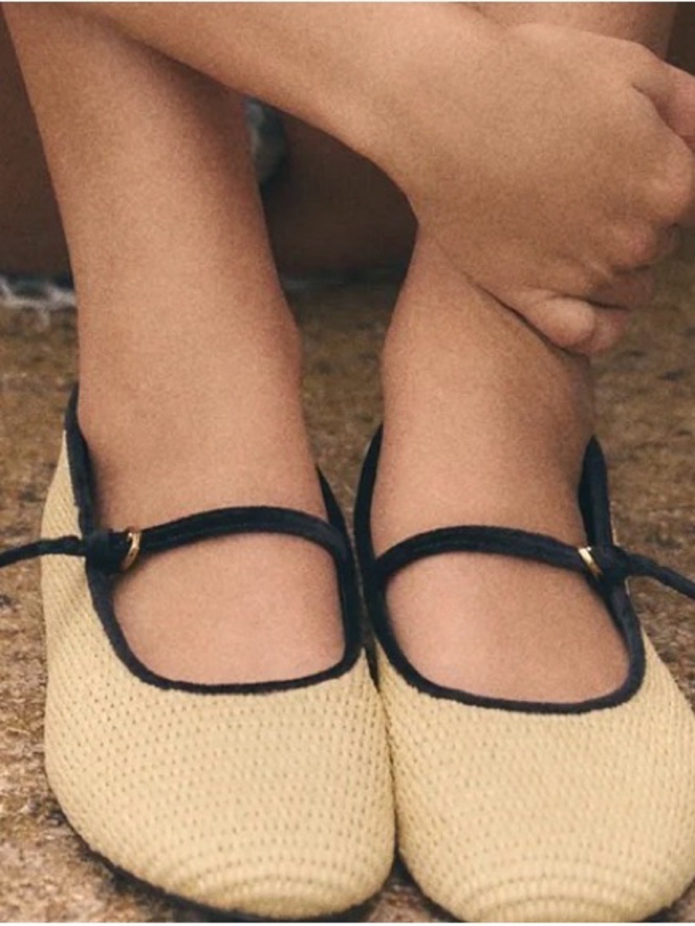Zara Beige Straw Mary Jane Flats with Black Trim